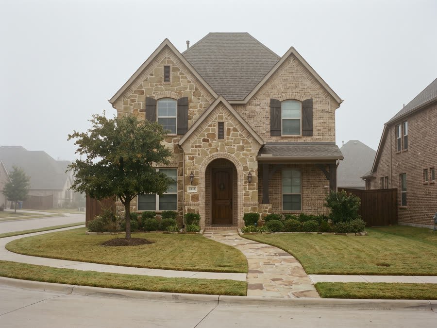 A two-storey brick and stone home managed in Frisco, Texas