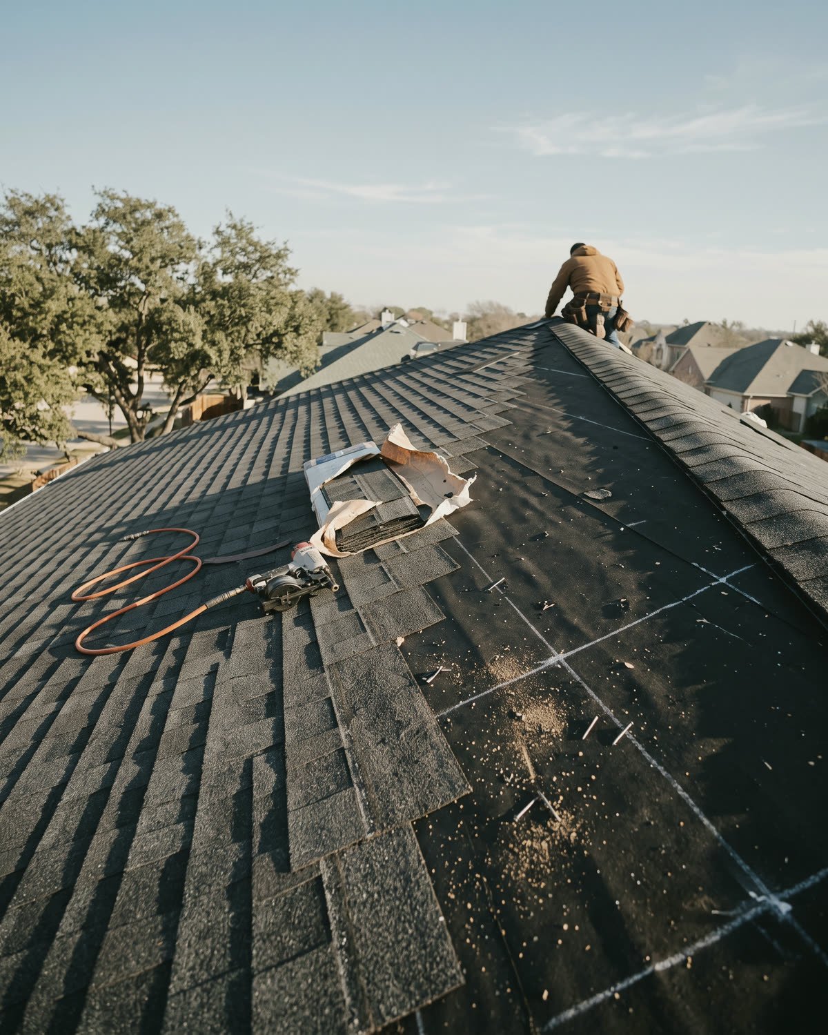 A roof part-way through re-shingling