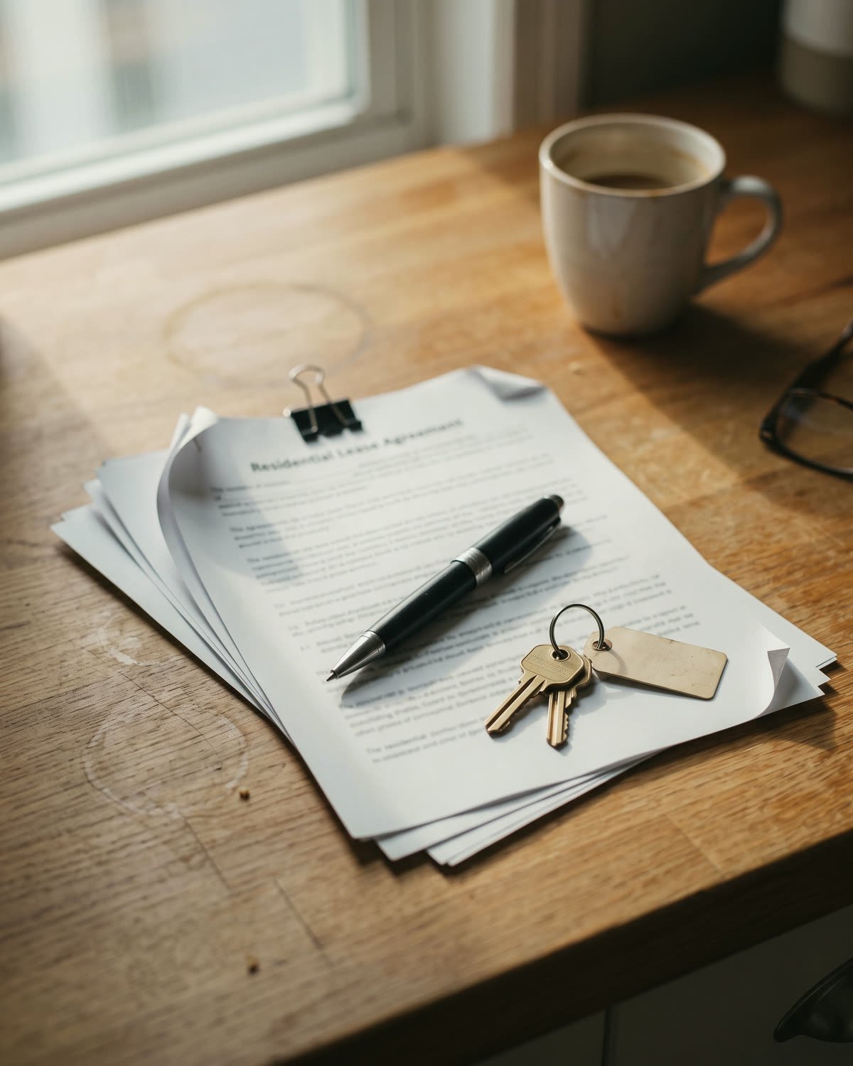 A lease agreement and house keys on a kitchen counter